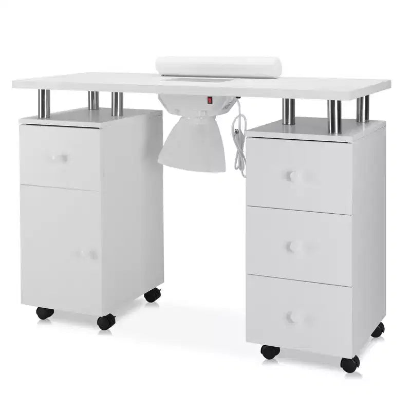 Table de manucure de 42,5 po en MDF blanc avec 3 tiroirs, rangement, portes et collecteur de poussière électrique