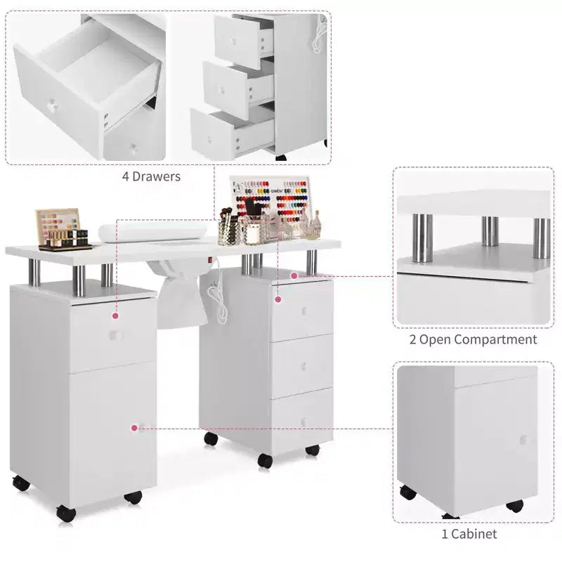Table de manucure de 42,5 po en MDF blanc avec 3 tiroirs, rangement, portes et collecteur de poussière électrique