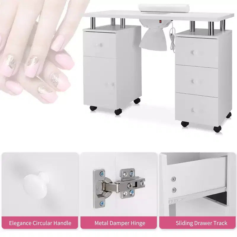 Table de manucure de 42,5 po en MDF blanc avec 3 tiroirs, rangement, portes et collecteur de poussière électrique