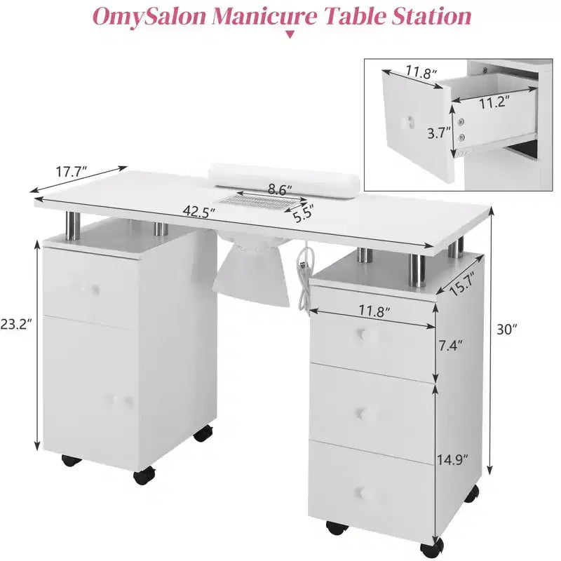 Table de manucure de 42,5 po en MDF blanc avec 3 tiroirs, rangement, portes et collecteur de poussière électrique