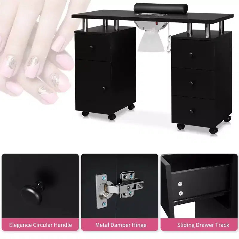 Table de manucure de 42,5 po en MDF blanc avec 3 tiroirs, rangement, portes et collecteur de poussière électrique