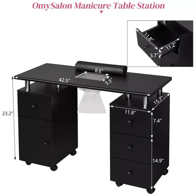 Table de manucure de 42,5 po en MDF blanc avec 3 tiroirs, rangement, portes et collecteur de poussière électrique