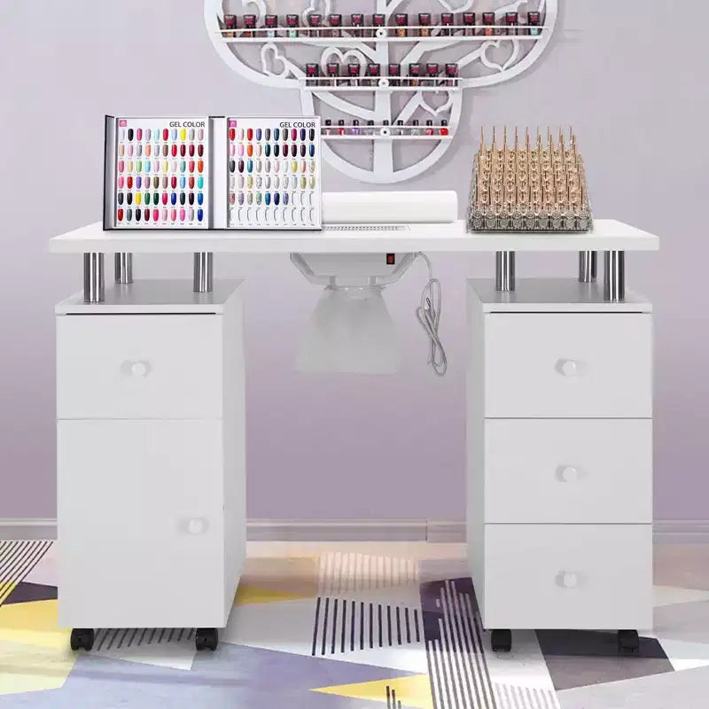 Karlhome 42.5 in. White MDF 3-Drawer Manicure Table Nail Desk with Storage, Doors, Electric Dust Collector