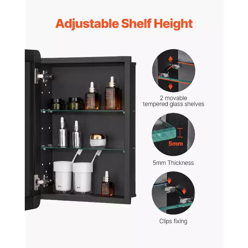 Armoire à pharmacie, 16 x 24 pouces, armoire murale de salle de bain à cadre en aluminium, étagères réglables à 2 niveaux, noire