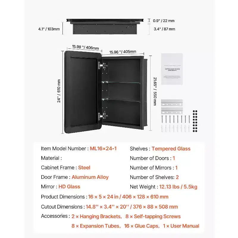Armoire à pharmacie, 16 x 24 pouces, armoire murale de salle de bain à cadre en aluminium, étagères réglables à 2 niveaux, noire