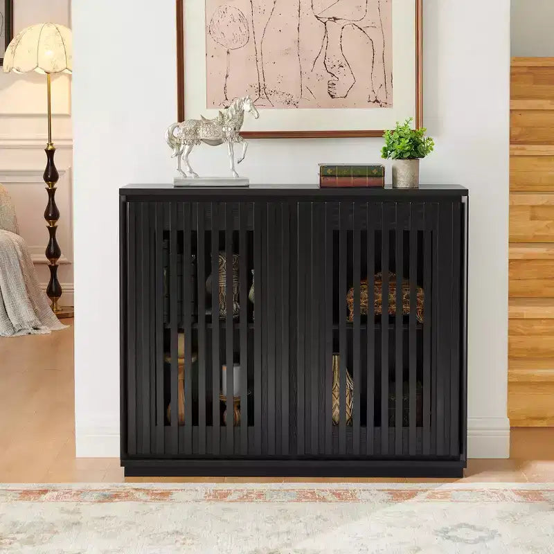 MAYEERTY Mid Century Modern Fluted Hollowed Out Sideboard Cabinet with 2 Outlet Holes for Entryway Hallway Black
