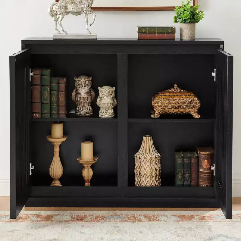 Buffet moderne du milieu du siècle évidé et cannelé avec 2 trous de sortie pour le couloir de l'entrée Noir