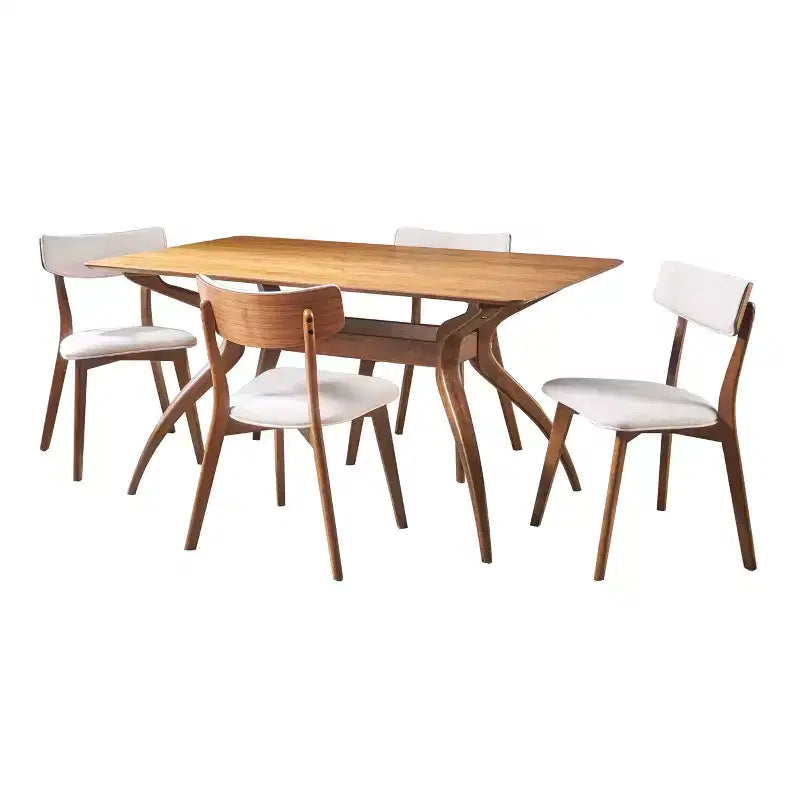 Ensemble de salle à manger 5 pièces en bois et tissu, style Mid-Century Modern