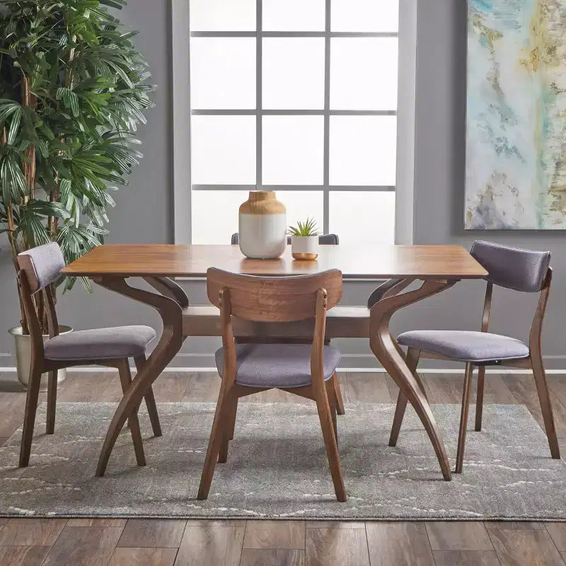 Ensemble de salle à manger 5 pièces en bois et tissu, style Mid-Century Modern