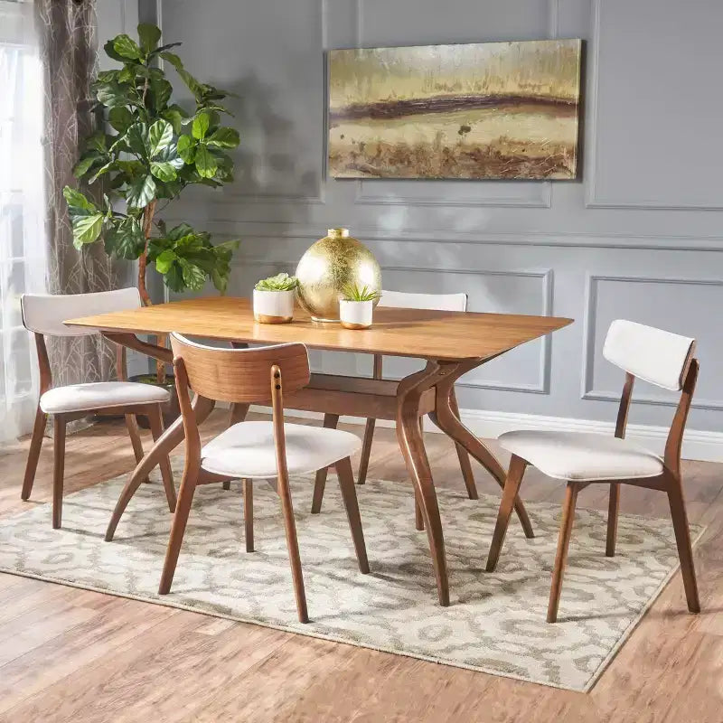 Ensemble de salle à manger 5 pièces en bois et tissu, style Mid-Century Modern