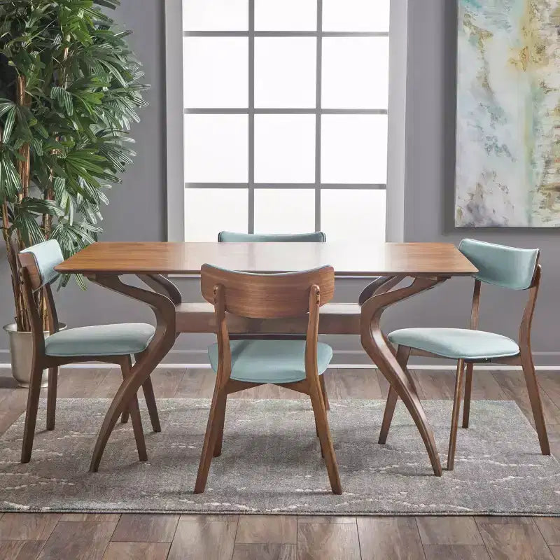 Ensemble de salle à manger 5 pièces en bois et tissu, style Mid-Century Modern