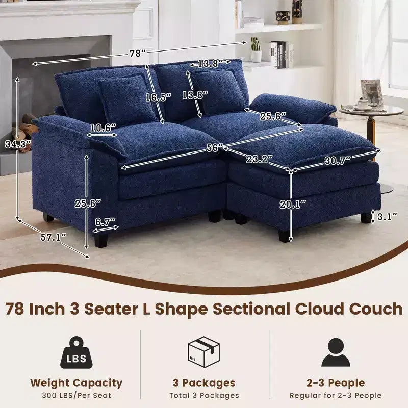 Canapé d'angle 3 places en tissu chenille de 190 cm avec pouf