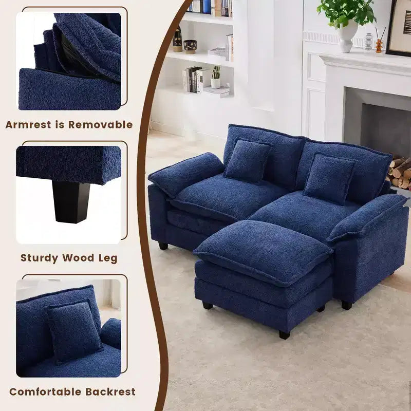 Canapé d'angle 3 places en tissu chenille de 190 cm avec pouf