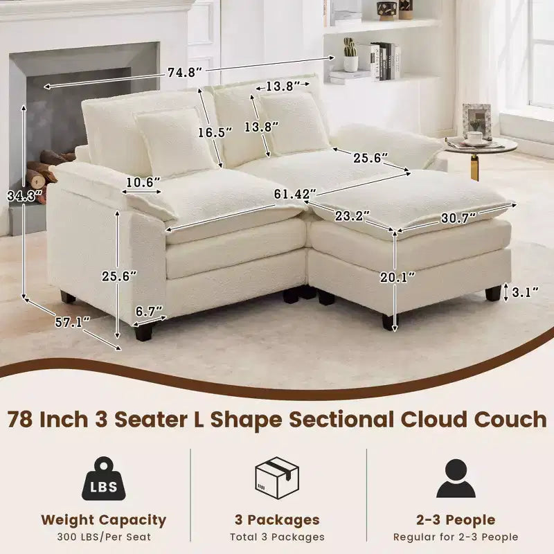 Canapé d'angle 3 places en tissu chenille de 190 cm avec pouf