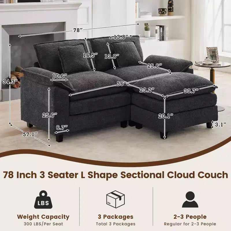 Canapé d'angle 3 places en tissu chenille de 190 cm avec pouf