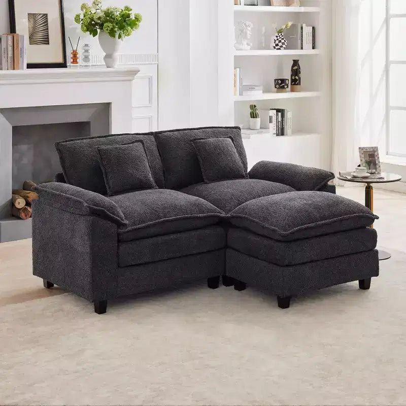 Canapé d'angle 3 places en tissu chenille de 190 cm avec pouf