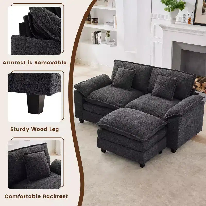 Canapé d'angle 3 places en tissu chenille de 190 cm avec pouf
