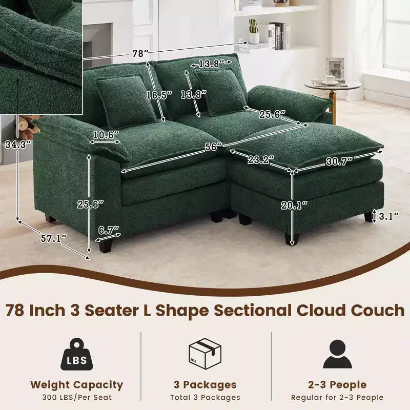 Canapé d'angle 3 places en tissu chenille de 190 cm avec pouf
