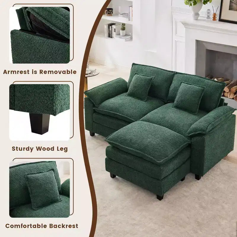 Canapé d'angle 3 places en tissu chenille de 190 cm avec pouf