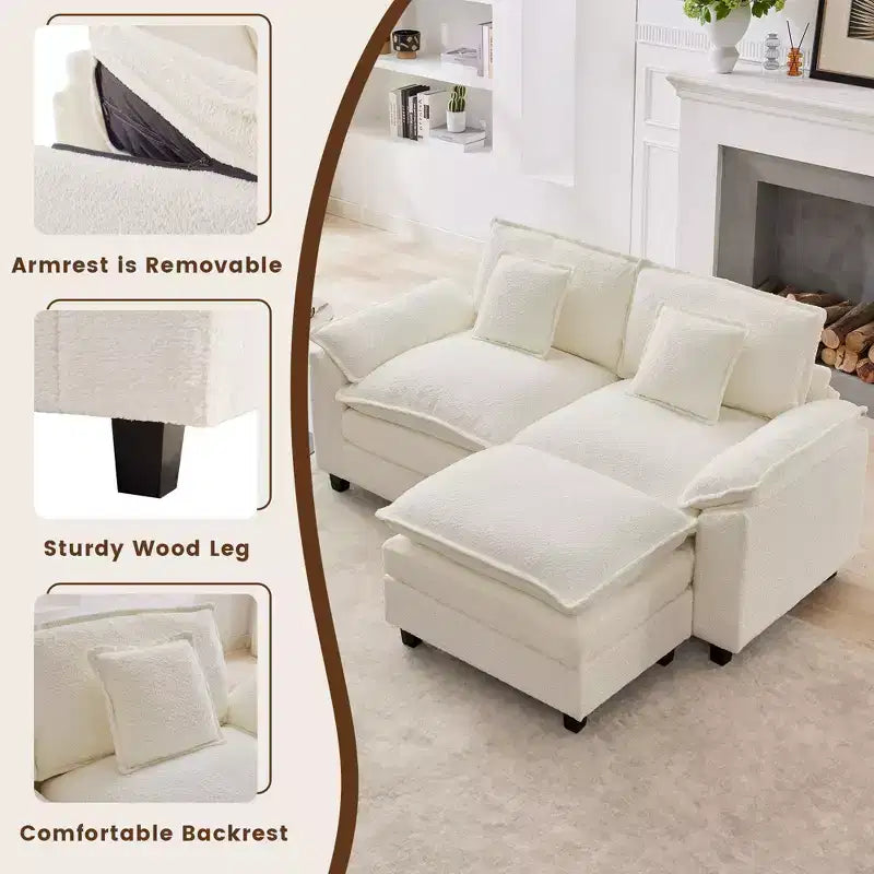 Canapé d'angle 3 places en tissu chenille de 190 cm avec pouf