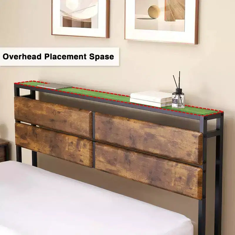 Cadre de lit plateforme en métal avec chevets de rangement, tête de lit en bois rustique vintage, sommier tapissier, support à lattes métalliques robustes