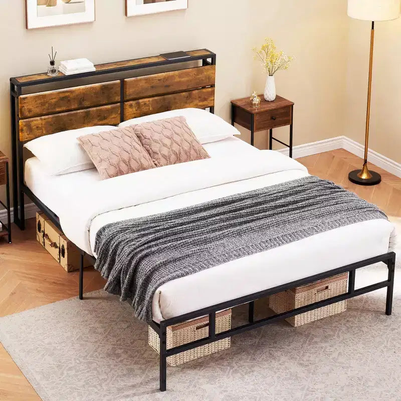 Alkmaar Metal Platform Bed Frame with Storage Bedside, Rustic Vintage Wood Headboard, Mattress Foundation, Strong Metal Slats Support