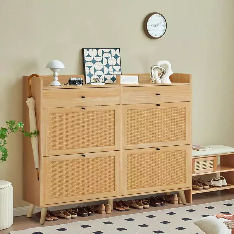GustoWave Rattan Shoe Cabinet Storage, Shoe Organizer Cabinet with 4 Flip Drawers, Hidden Shoe Storage Free Standing Wood Shoe Cabinet
