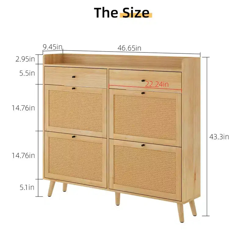 Meuble à chaussures de rangement en rotin, meuble de rangement pour chaussures avec 4 tiroirs à bascule, rangement à chaussures caché, meuble à chaussures autoportant en bois