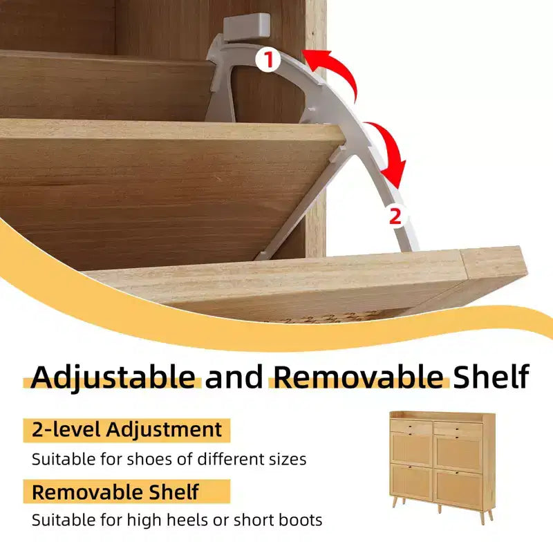 Meuble à chaussures de rangement en rotin, meuble de rangement pour chaussures avec 4 tiroirs à bascule, rangement à chaussures caché, meuble à chaussures autoportant en bois