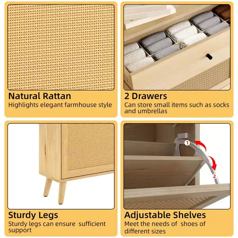 Meuble à chaussures de rangement en rotin, meuble de rangement pour chaussures avec 4 tiroirs à bascule, rangement à chaussures caché, meuble à chaussures autoportant en bois