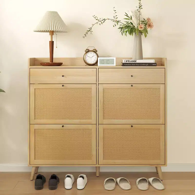 Meuble à chaussures de rangement en rotin, meuble de rangement pour chaussures avec 4 tiroirs à bascule, rangement à chaussures caché, meuble à chaussures autoportant en bois