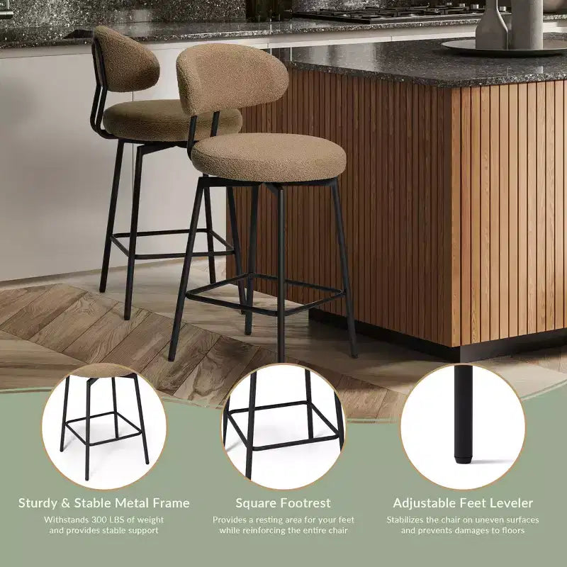 Tabourets de bar modernes à hauteur de comptoir en tissu imitation peau de mouton avec dossier (lot de 2)