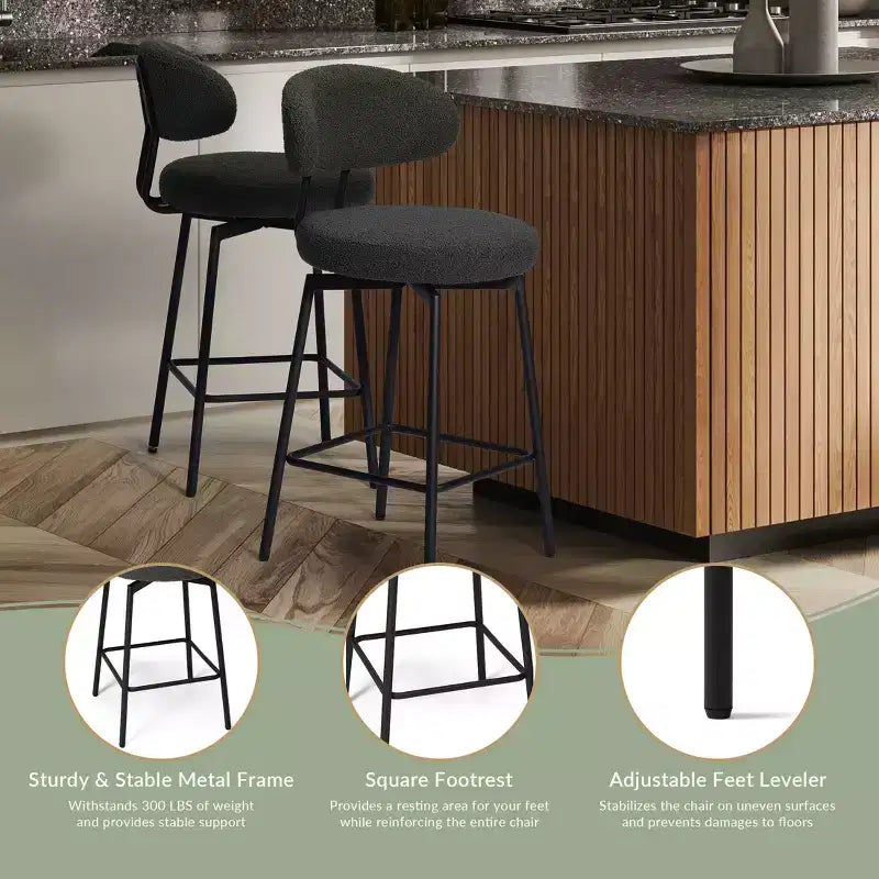 Tabourets de bar modernes à hauteur de comptoir en tissu imitation peau de mouton avec dossier (lot de 2)