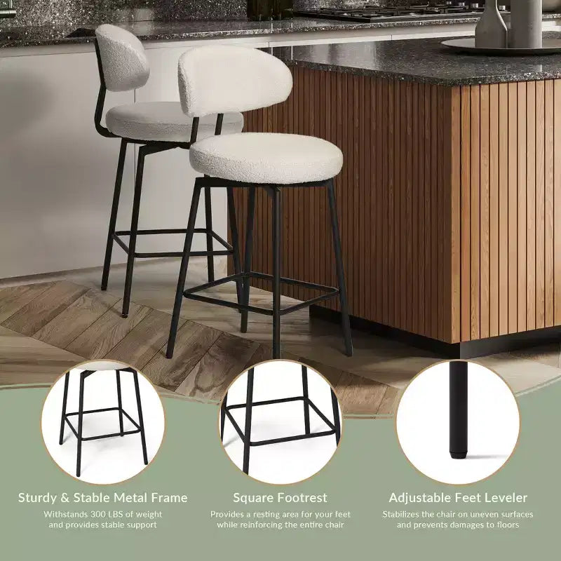 Tabourets de bar modernes à hauteur de comptoir en tissu imitation peau de mouton avec dossier (lot de 2)