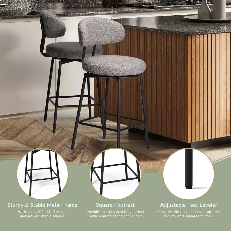 Tabourets de bar modernes à hauteur de comptoir en tissu imitation peau de mouton avec dossier (lot de 2)