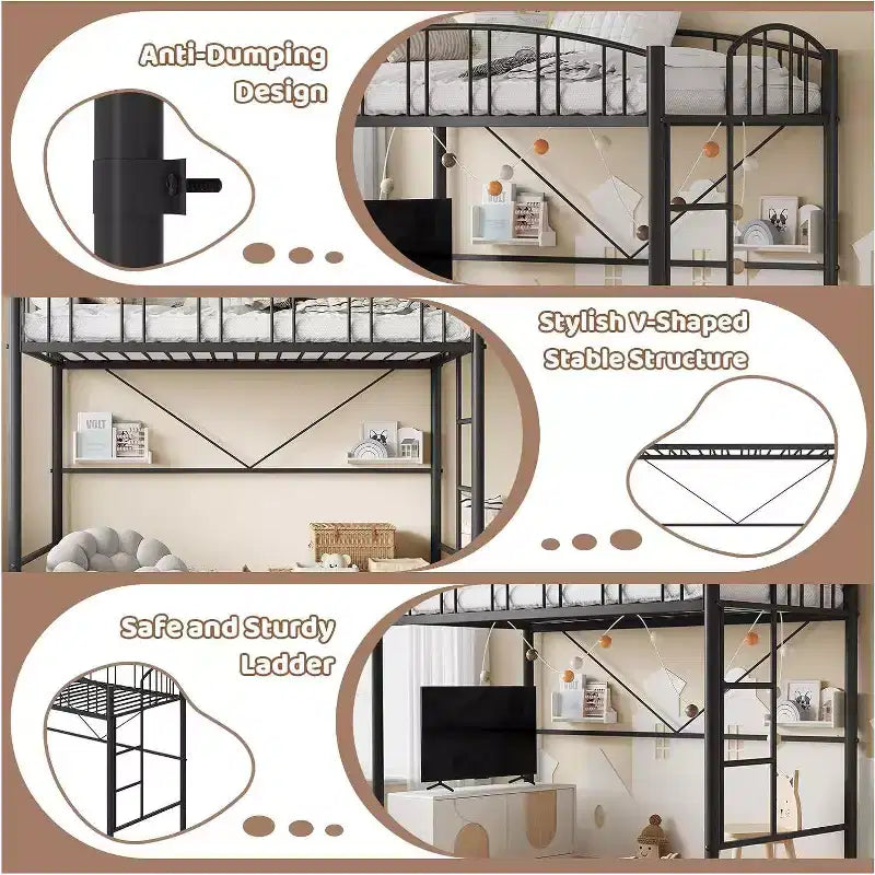 Lit mezzanine double - Compact et sécurisé avec barrière de protection