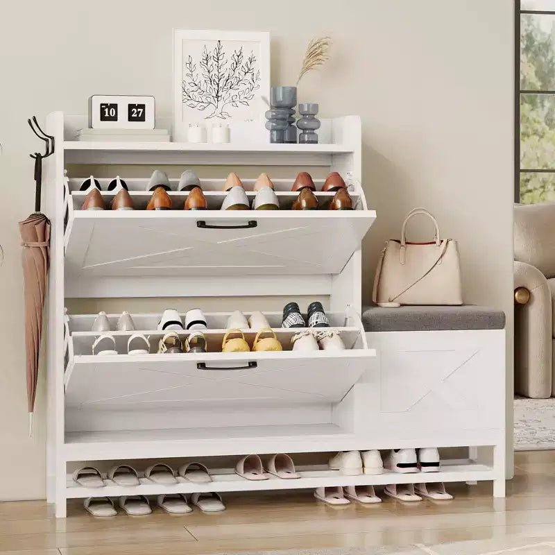 GustoWave Shoe Cabinet with 2 Flip-Drawers & Storage Bench, Farmhouse Wood Freestanding Shoe Rack with 2 Hooks & Bottom Shelf for Entryway