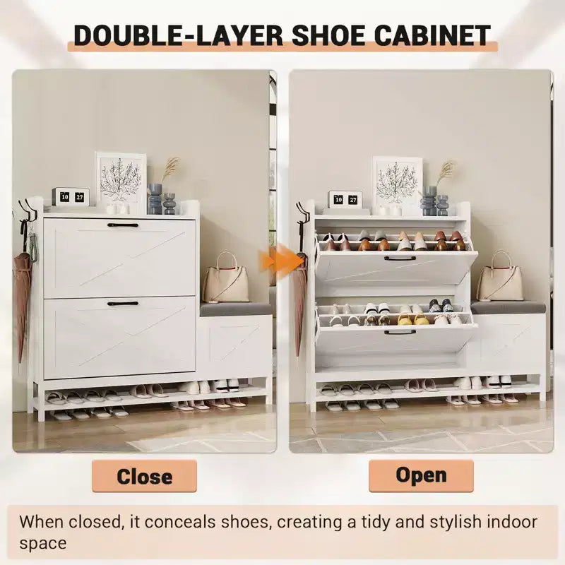 Meuble à chaussures avec 2 tiroirs basculants et banc de rangement, porte-chaussures autoportant en bois de style ferme avec 2 crochets et étagère inférieure pour entrée