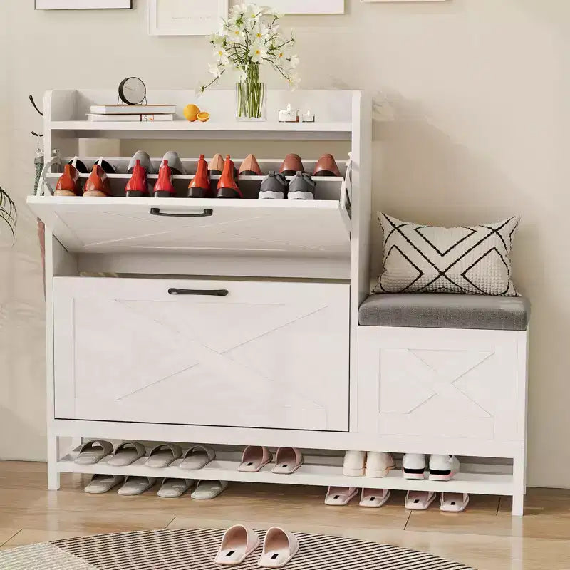 Meuble à chaussures avec 2 tiroirs basculants et banc de rangement, porte-chaussures autoportant en bois de style ferme avec 2 crochets et étagère inférieure pour entrée