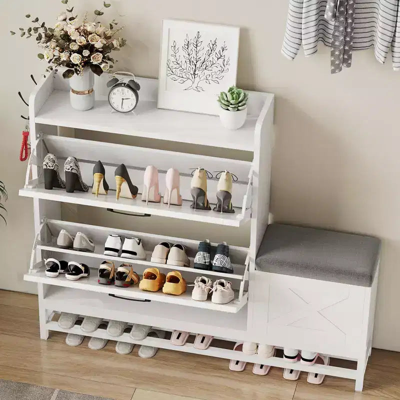 Meuble à chaussures avec 2 tiroirs basculants et banc de rangement, porte-chaussures autoportant en bois de style ferme avec 2 crochets et étagère inférieure pour entrée