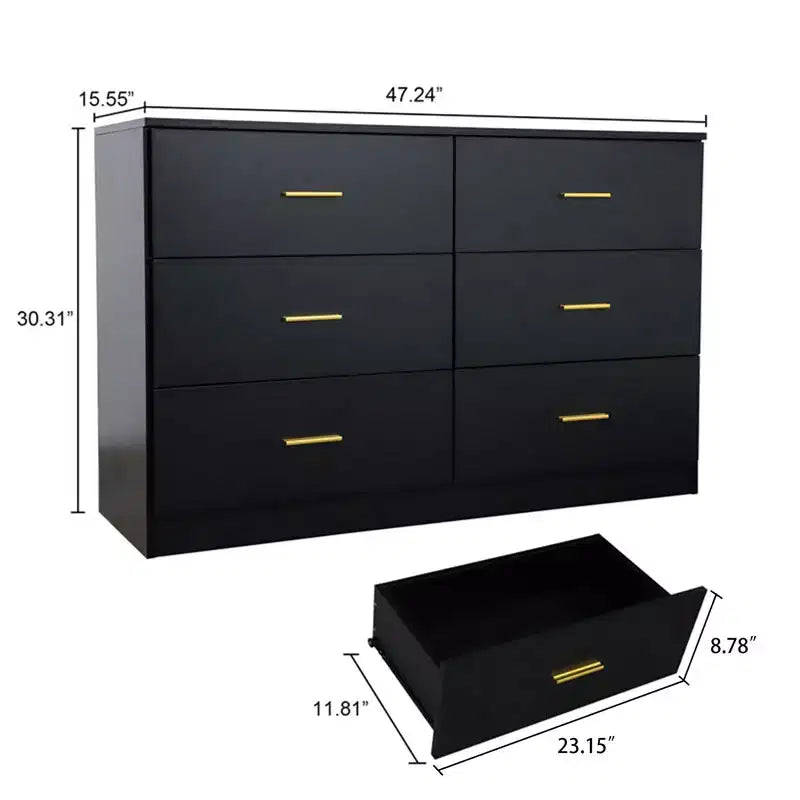 Commode 9/6 tiroirs pour chambre à coucher, Commode large avec poignées dorées -