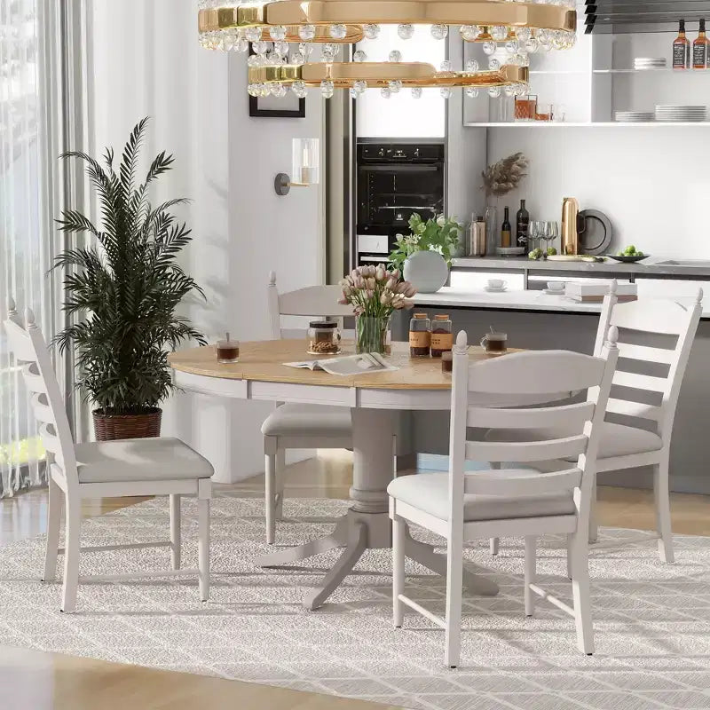 Ensemble Table à Manger Ronde Extensible pour 4, Style Ferme, avec 4 Chaises Rembourrées