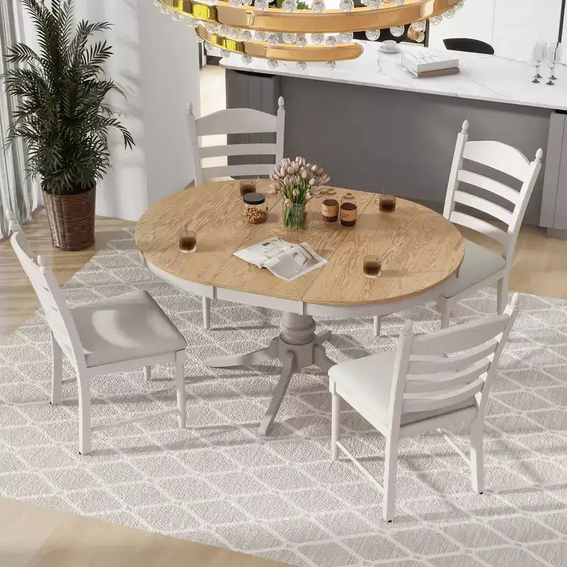Ensemble Table à Manger Ronde Extensible pour 4, Style Ferme, avec 4 Chaises Rembourrées