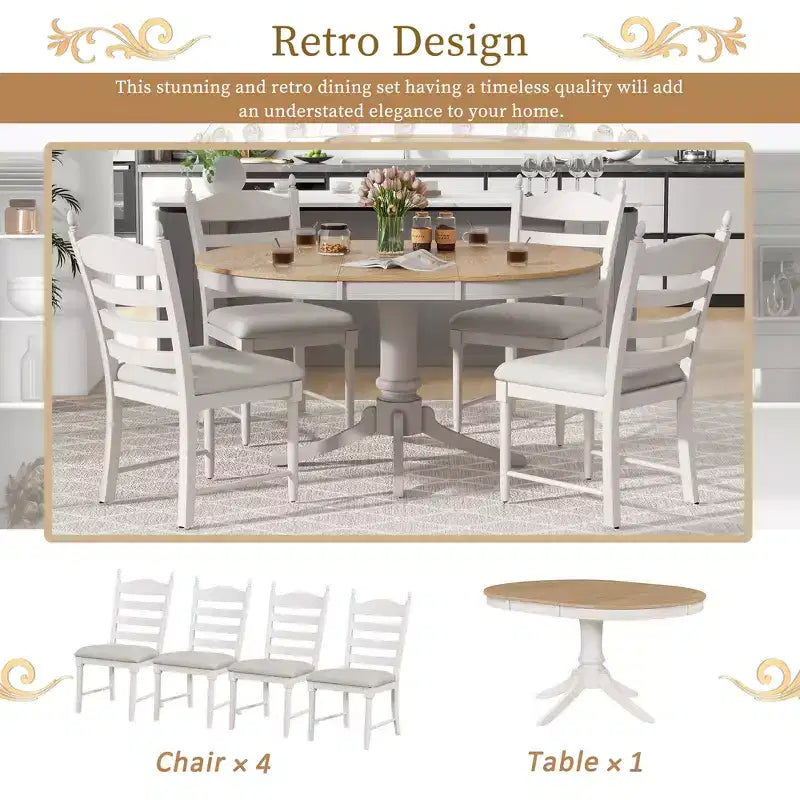 Ensemble Table à Manger Ronde Extensible pour 4, Style Ferme, avec 4 Chaises Rembourrées