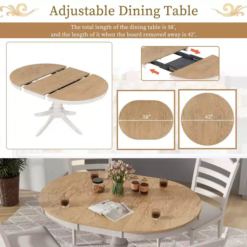 Ensemble Table à Manger Ronde Extensible pour 4, Style Ferme, avec 4 Chaises Rembourrées