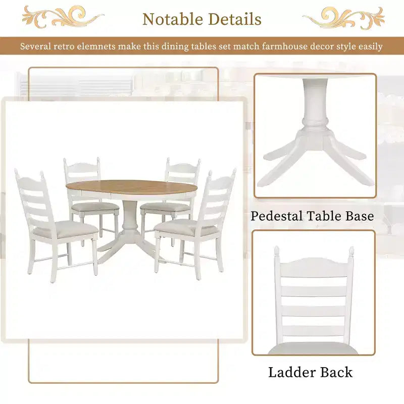 Ensemble Table à Manger Ronde Extensible pour 4, Style Ferme, avec 4 Chaises Rembourrées