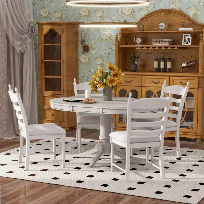 Ensemble Table à Manger Ronde Extensible pour 4, Style Ferme, avec 4 Chaises Rembourrées