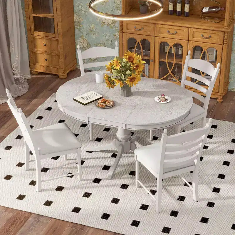 Ensemble Table à Manger Ronde Extensible pour 4, Style Ferme, avec 4 Chaises Rembourrées