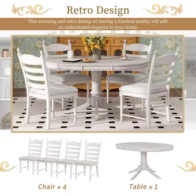 Ensemble Table à Manger Ronde Extensible pour 4, Style Ferme, avec 4 Chaises Rembourrées