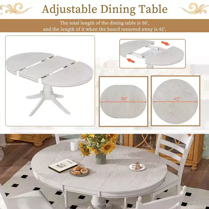 Ensemble Table à Manger Ronde Extensible pour 4, Style Ferme, avec 4 Chaises Rembourrées